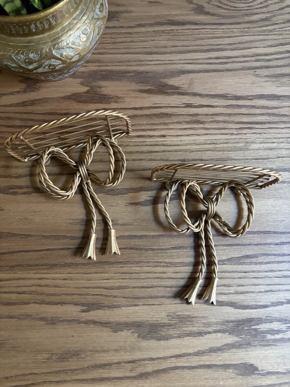 Vintage Gold Metal Hollywood Regency Bow Twisted Rope Hanging Shelves Set Of 2